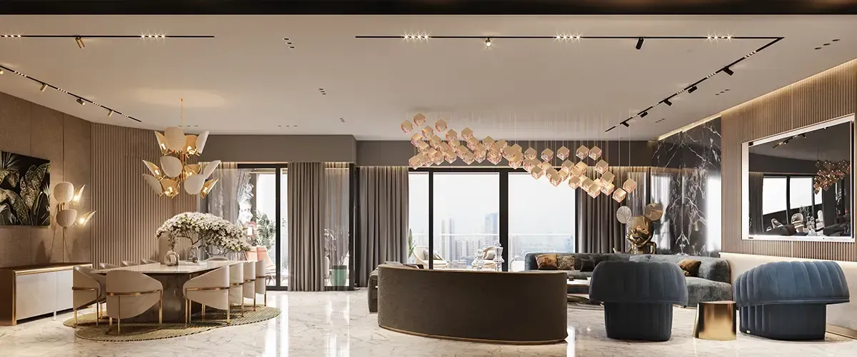 A refined lounge with artistic wall decor and soft lighting, creating an immersive living atmosphere.