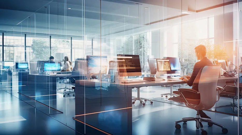 A high-tech workspace featuring multiple screens displaying various data metrics and AI graphics, emphasizing the role of analytics in enhancing workplace efficiency.