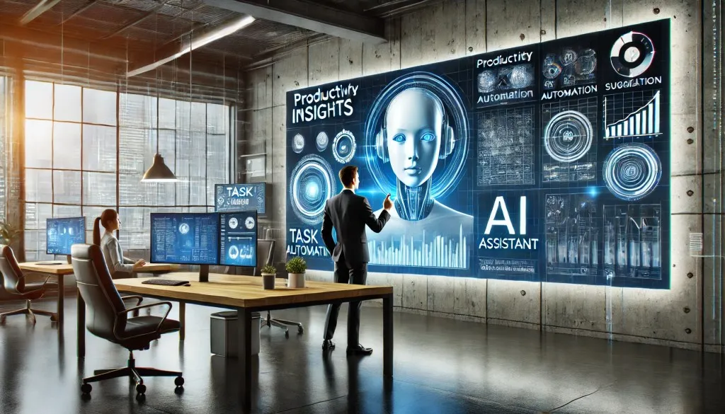 A modern office workspace with a large digital screen displaying insights related to productivity. An AI assistant is visualized, interacting with data analytics in a tech-savvy environment.