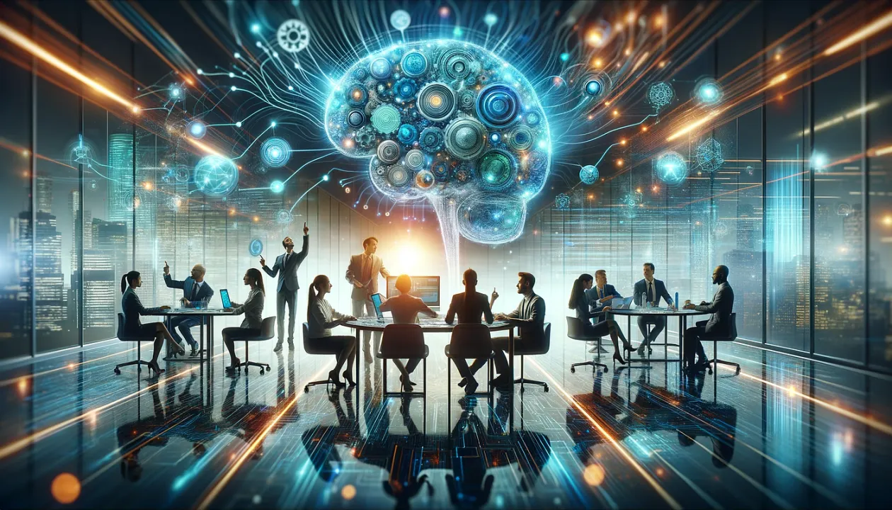 A futuristic conference setting with a focus on collaboration and technology, featuring a brain-shaped network symbolizing AI around which people are engaged in discussion.